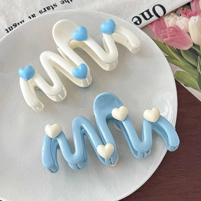 

10.5cm Blue Heart Wave Shaped Hair Claw Cream Color Clips for Women Sweet Cute Irregular Shark Clip Large Ponytail Clip Hairpins