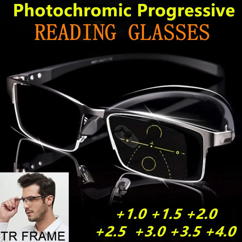 FG Photochromic Multifocal Reading Glasses Distance & Near Dual-light Presbyopia Auto Zoom Anti-blue Light +1.0 To +4.0