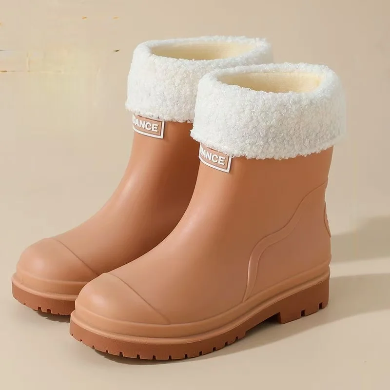 

Women's New Low Heel High Top Outdoor Work Boots Thick Sole Non Slip Waterproof Detachable Cotton Cover Rain Boots Water Shoes