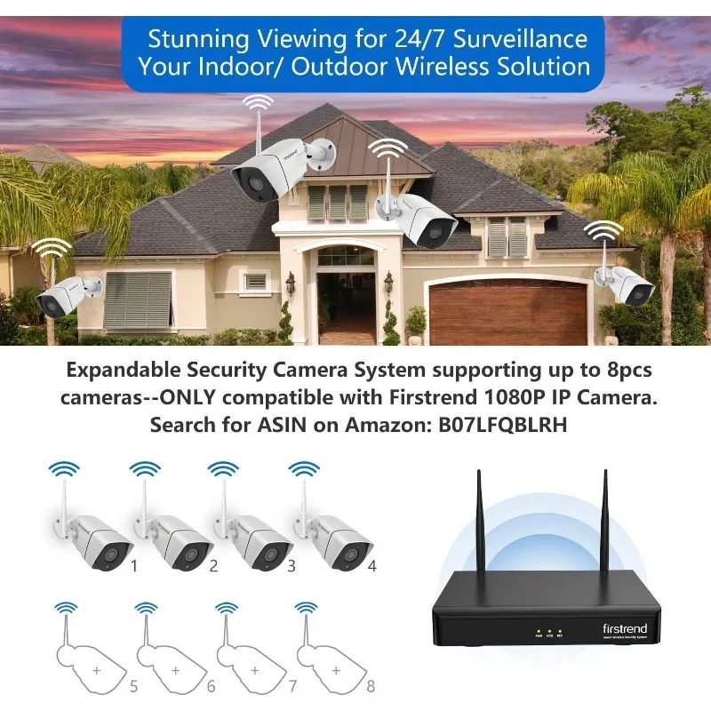 Firstrend 1080P 8CH Wireless Home Security Systems with 4pcs 2MP Full HD Cameras 1TB HDD Night Vision Motion Detection