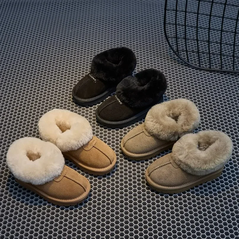 Kids Faux‑Suede Slip‑on Snow Boots, Wide Furry Collar Plush‑Lined Thick Sole Winter Ankle Boots