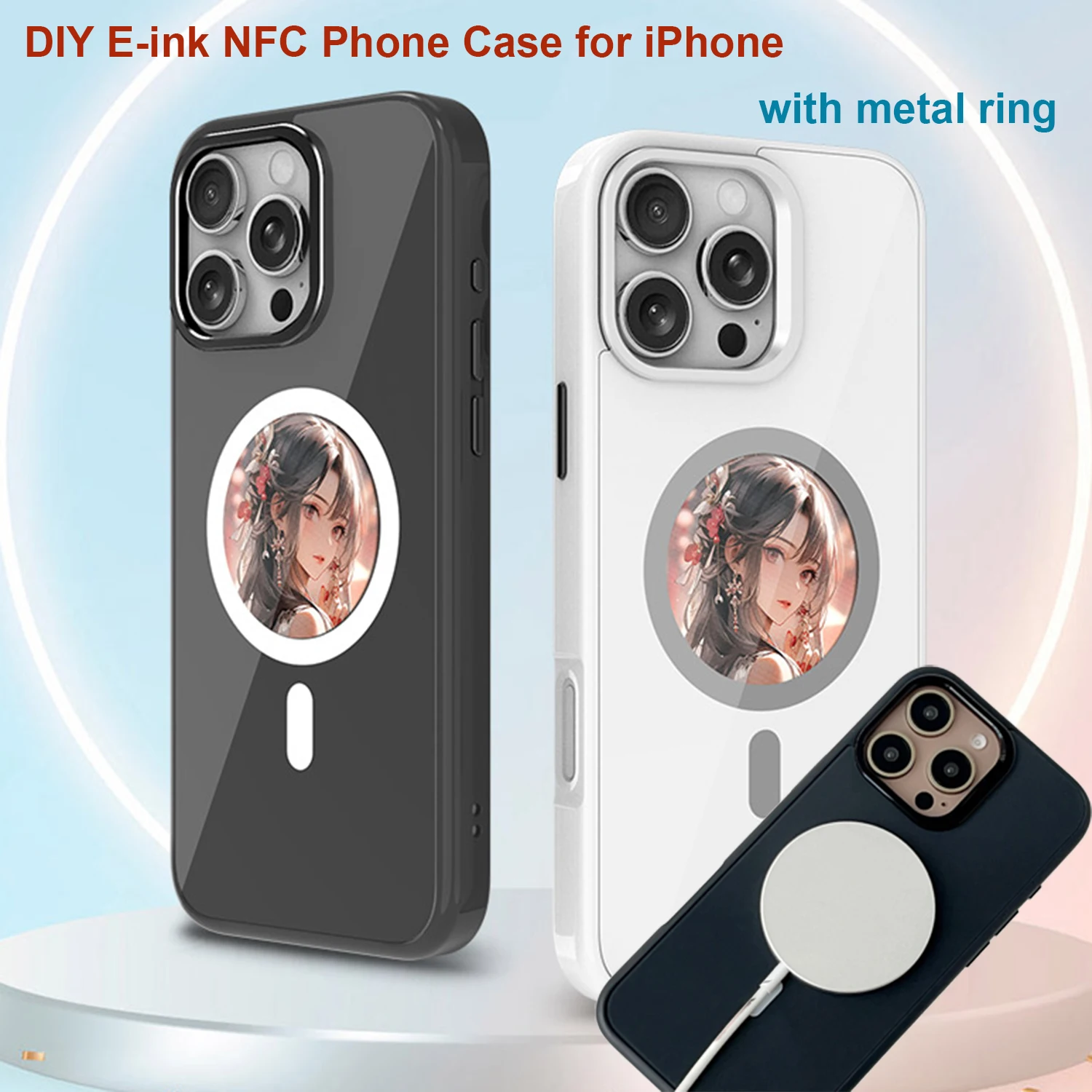 NFC LED Smart E-Ink Phone Case, DIY Custom Display, Magnetic PC Cover for iPhone 16/16Plus/16Pro/Pro Max