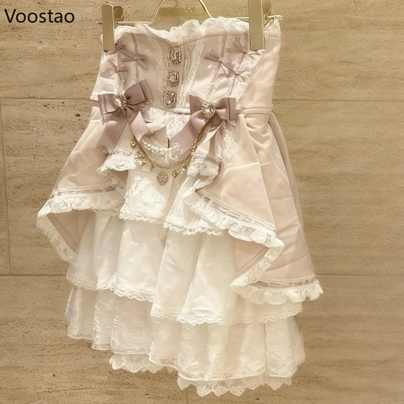 Mini jupe gâteau Style Lolita japonais Kawaii pour femmes, douce et élégante, avec nœud en diamant, chaîne de perles, jupe courte gothique Y2k pour filles