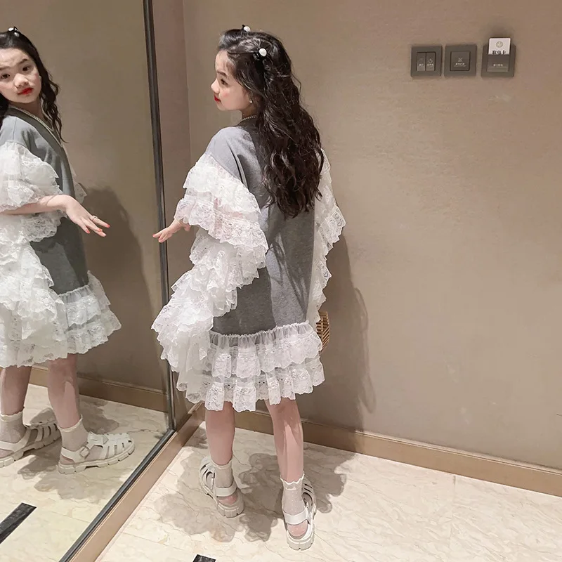 Korea Style Girl Dress Summer New Mesh Patchwork Princess Dress Puff Sleeve Gray Dress Teenage Clothes Kids Ruffles Dress Wz1155