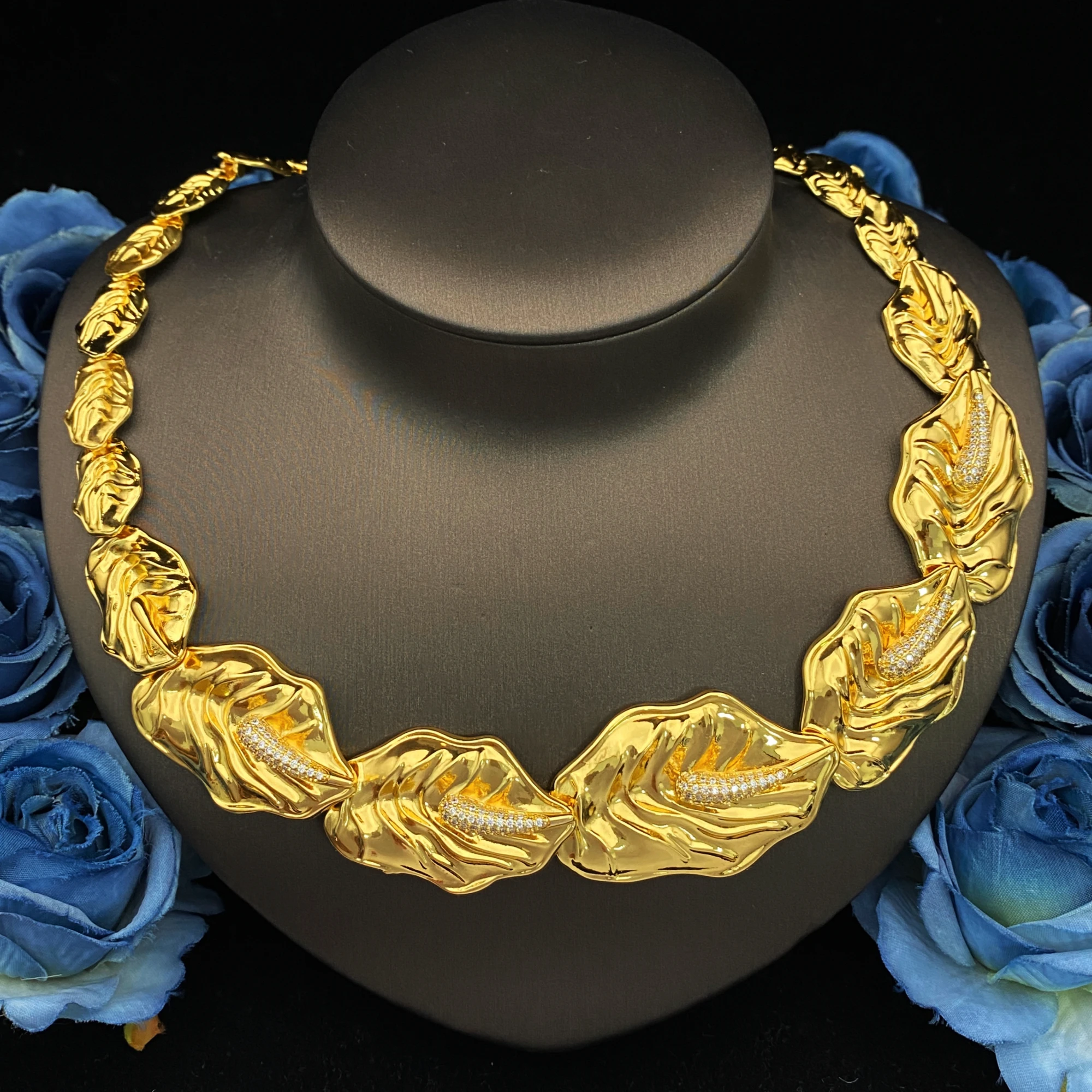 JRH Leaf Design Zirconia Gold Plated Copper Jewelry Set Necklace Earrings Bracelet Ring for Women Perfect for Gift