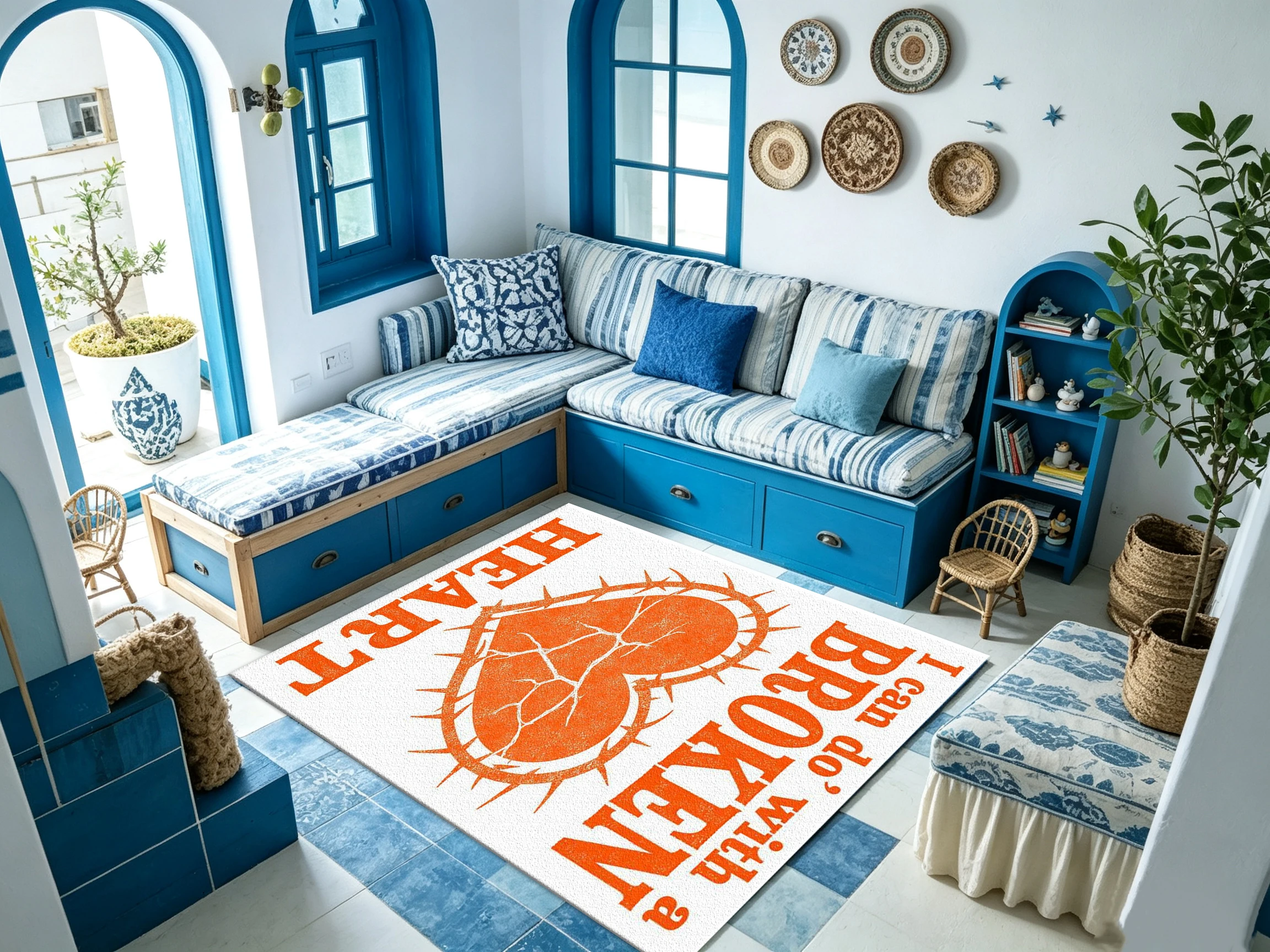 Vintage Broken Heart-Shaped Thorns Text Print Carpet Creative Art Home Floor Carpet Suitable for Living Room Bedroom Interior Decoration