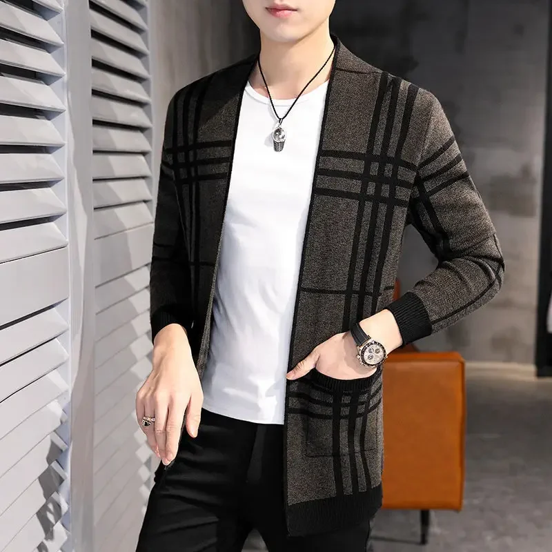 Cárdigan a rayas para hombre, abrigo de lana juvenil, cárdigan de invierno de talla grande, suéter de punto superior de moda coreana, primavera y