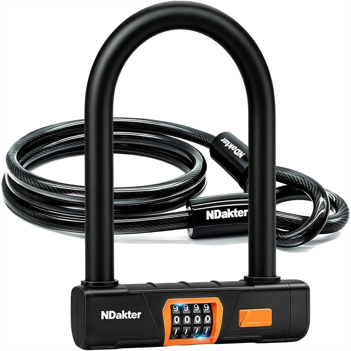 

Heavy Duty Bike U Lock with 5ft Steel Cable, 4-Digit Resettable Combination Bicycle Lock for Electric Bike, Escooter, Motorcycle