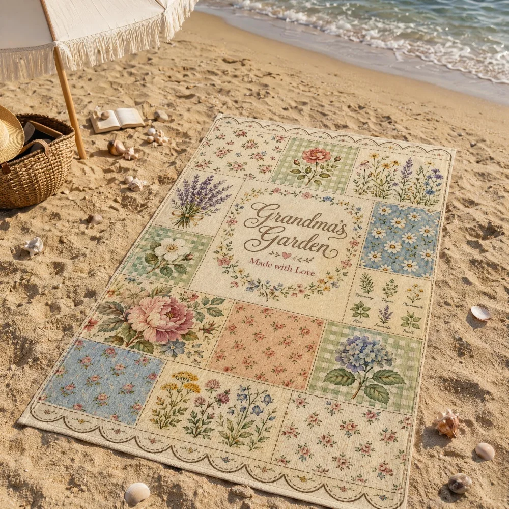 Vintage Cottage Patchwork Flower Beach Towel, Floral Quote Microfiber Bath Blanket, Boho Farmhouse Outdoor Beach Accessory Gift