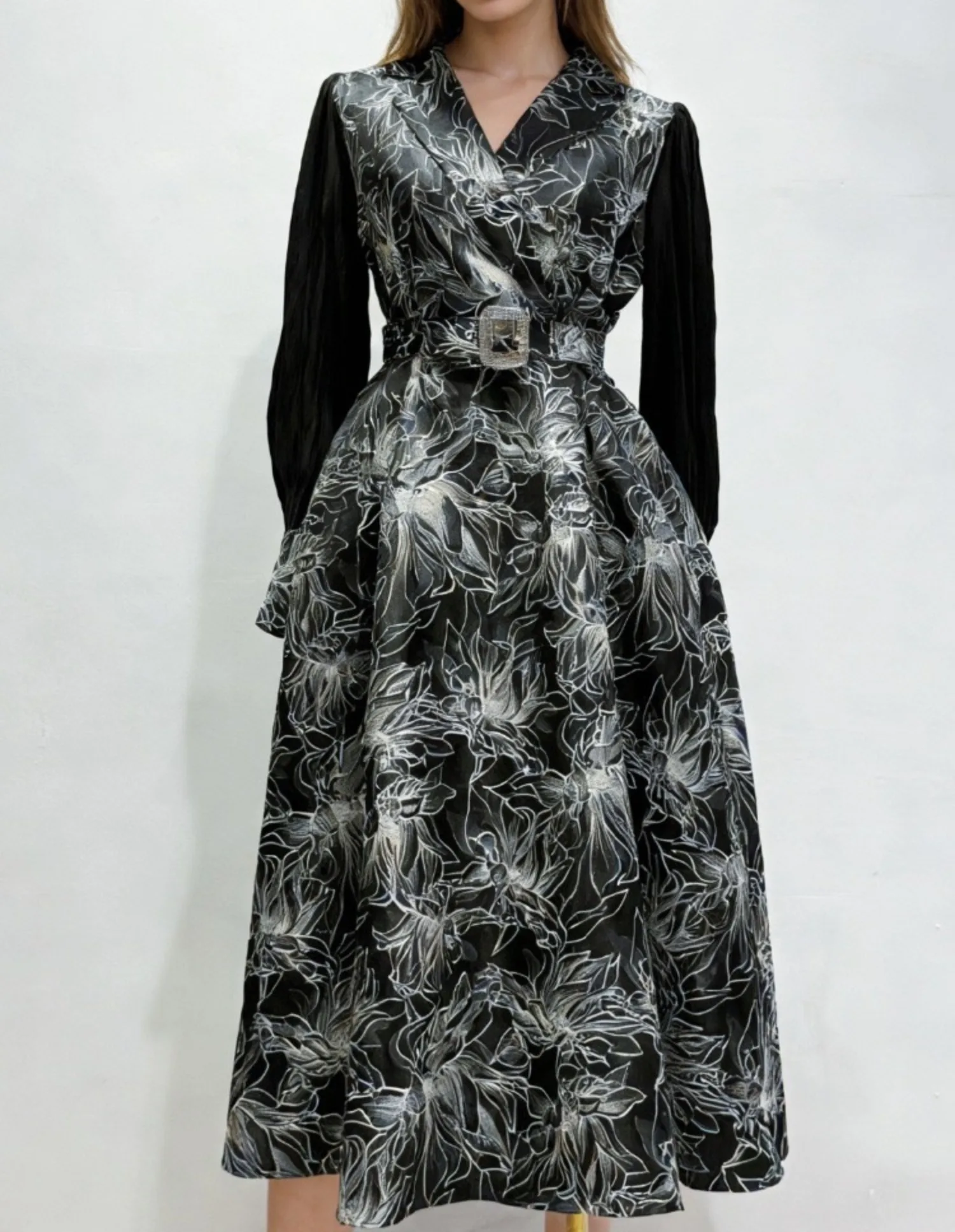 

Женское платье с отложным воротником и длинными рукавами с цветочным принтом и поясом, винтажное элегантное облегающее платье, весна-осень