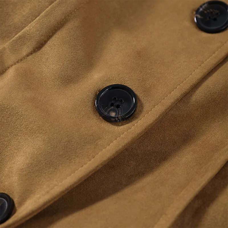 Kunstleder-Patchwork-Wildleder-Taillenbetonte Lange Mäntel für Damen, Street-Style, Reverskragen, Vollarm, Paneelierte Schlanke Jacken, Schicke Damen-Oberbekleidung – Detail 7