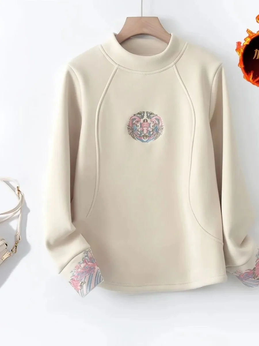 

Retro Chinese Style Long Sleeve Sweatshirt Women's Autumn Winter Warm Half High Collar Base Shirt Slimming Casual Versatile Top