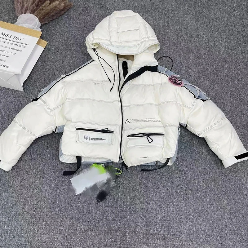 Women Thickened White Duck Down Jacket Trendy Denim Splicing Down Jacket Short Section Hooded Color Collision Parker Jacket Coat