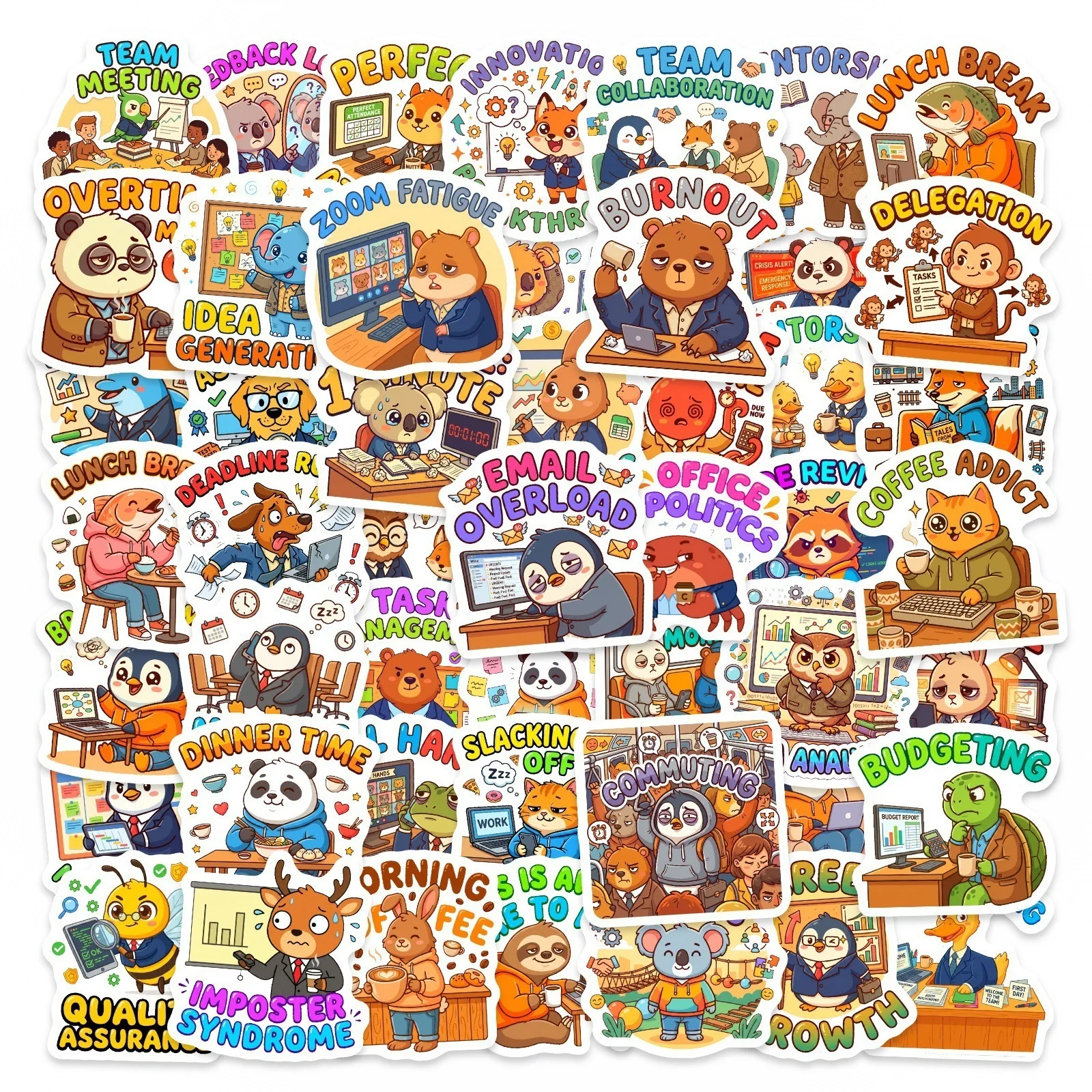 

50PCS Cartoon Workplace Animal Stickers Office Fun MEME Decorative Hand Account Laptop Skateboard Waterproof Sticker Kids Toy