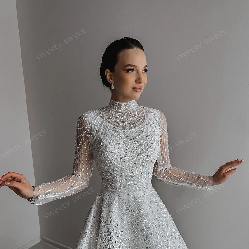 Luxurious Wedding Dresses Fully Beaded A-Line Ball Gown High-Neck Long Sleeve Customized Bride Dress Vestido De Novia Plus Size