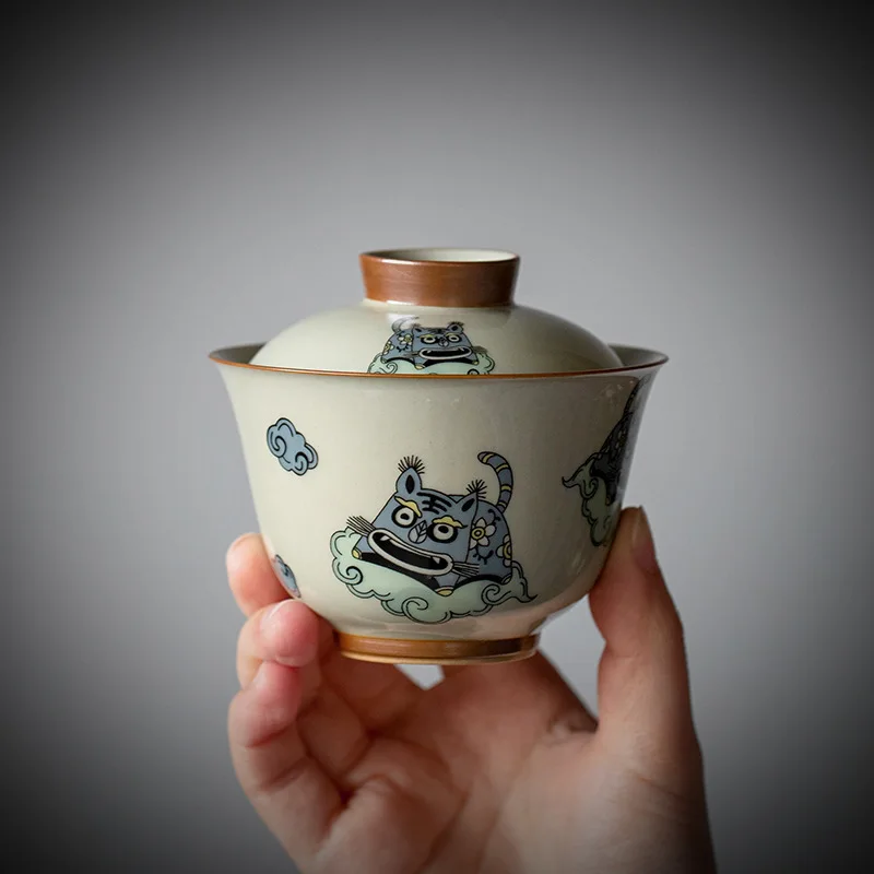 140ml Tradition Ceramic Gaiwan Handmade Chinese Zodiac Tiger Tea Tureen Portable Porcelain Tea Bowl Master Teacup Tea Set