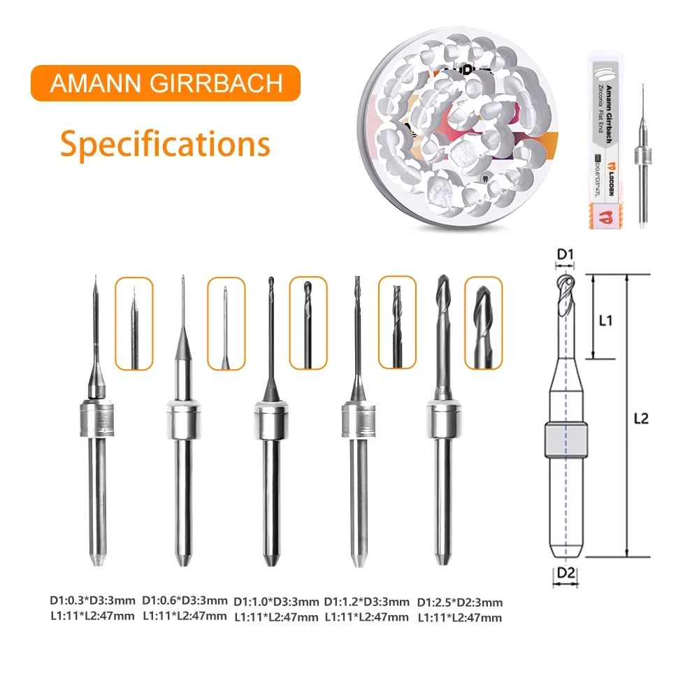 Amann Girrbach Dental Milling Burs for PMMA Glass Ceramics Zirconia Dental Materials D4 DC Coating CAD CAM Cutter Grinding Tools