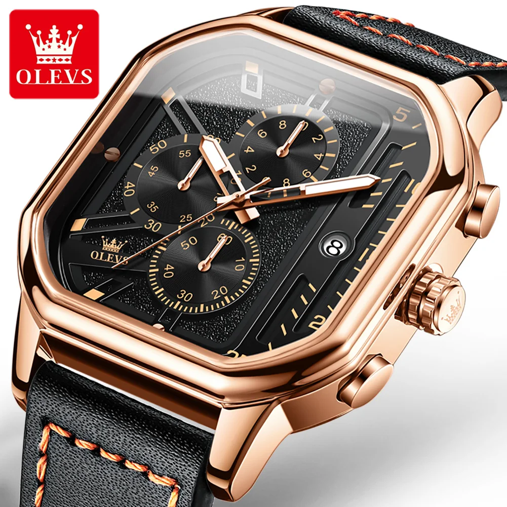 OLEVS Men\'s Square Quartz Watches Three Eye Chronograph Clock Waterproof Luminous Leather Strap Men\'s Wristwatch Original 9950