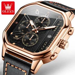 OLEVS Men's Square Quartz Watches Three Eye Chronograph Clock Waterproof Luminous Leather Strap Men's Wristwatch Original 9950