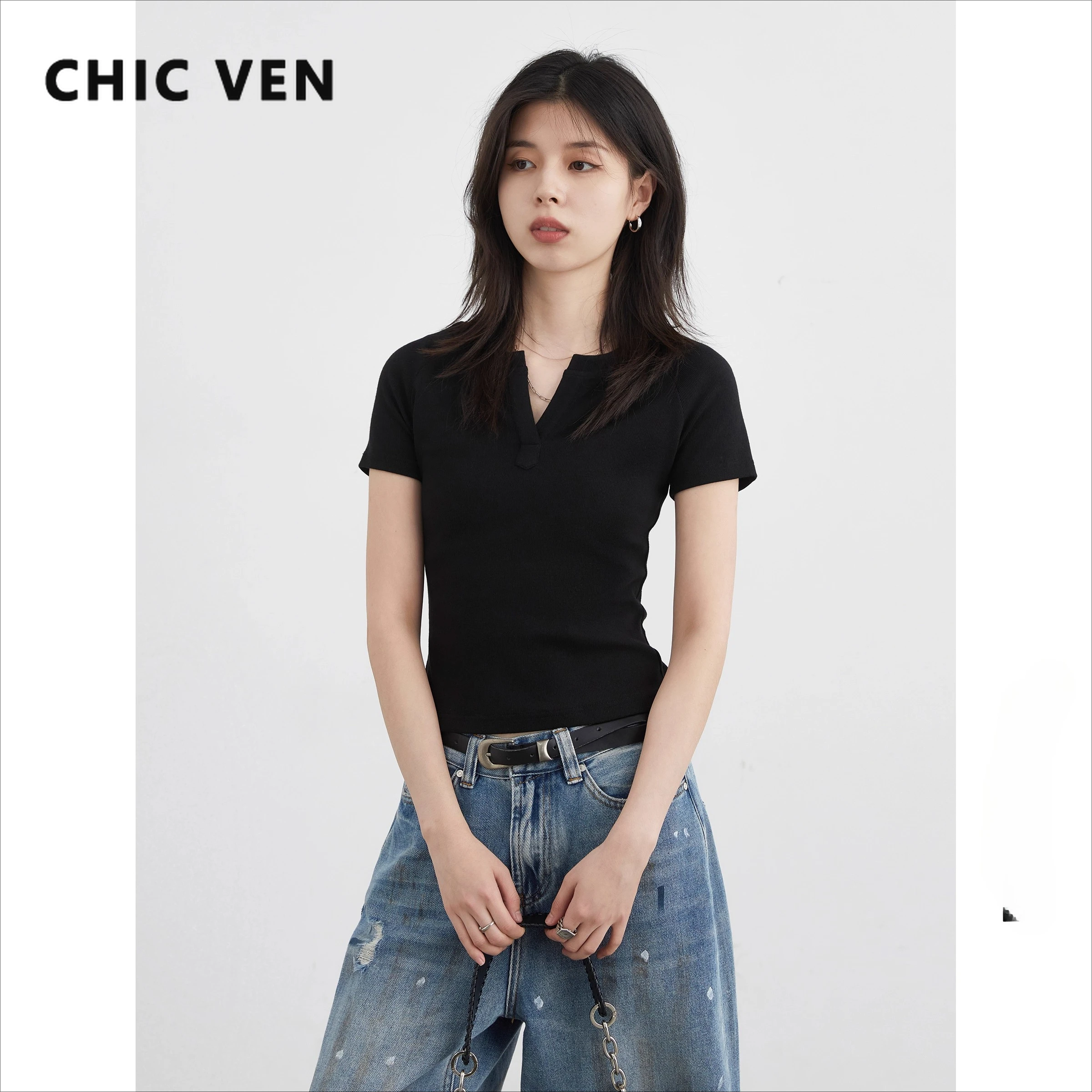 

CHIC VEN новые женские футболки черные с v-образным вырезом тонкие однотонные трикотажные женские футболки с короткими рукавами и v-образным вырезом весна-лето 2025