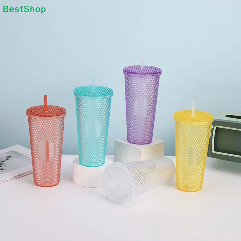 ♥750ml Studded Plastic Tumbler with Straw | Double-Walled Reusable Iced Coffee Cup