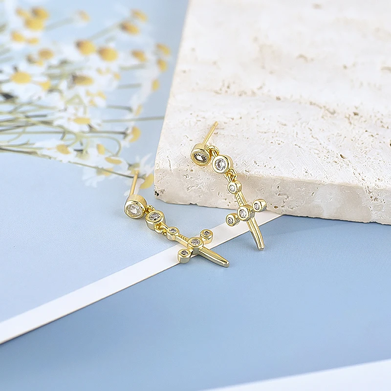 925 Silver Needle Pointed/cross Pendant Earrings Micro-set Zircon Trendy Perforated Earrings  For Women Fashion Party Jewelry