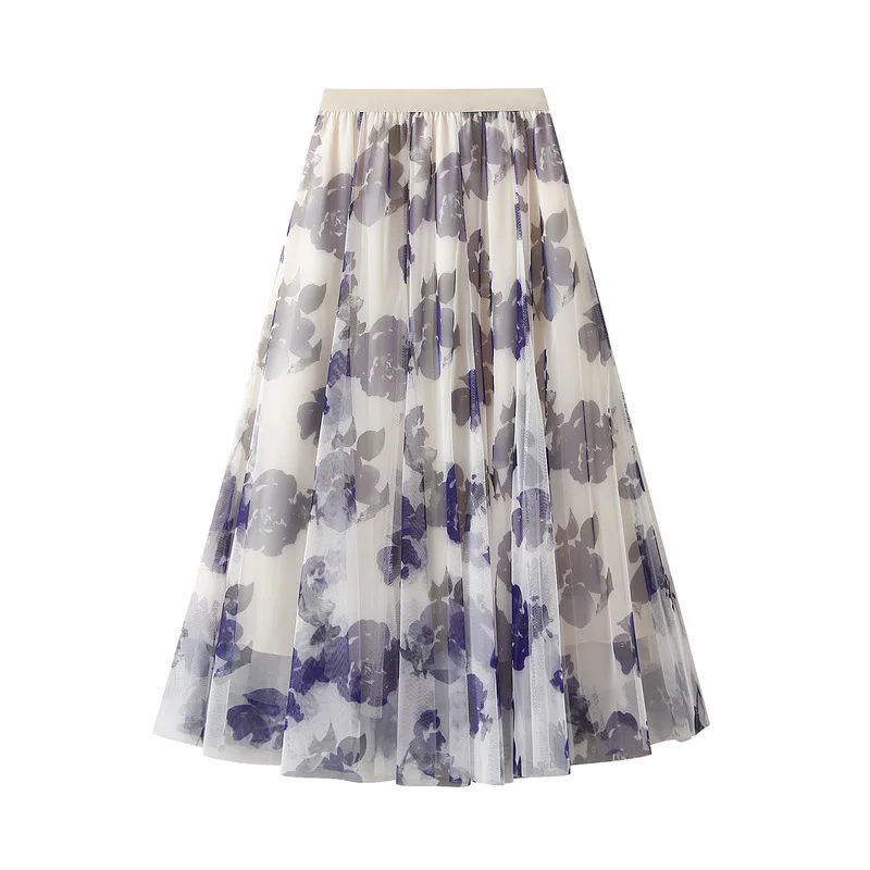 Summer Gauze Printed Skirt 2024 New Women's Clothing High Waisted Medium Length Slimming 3 Layers Umbrella Skirts