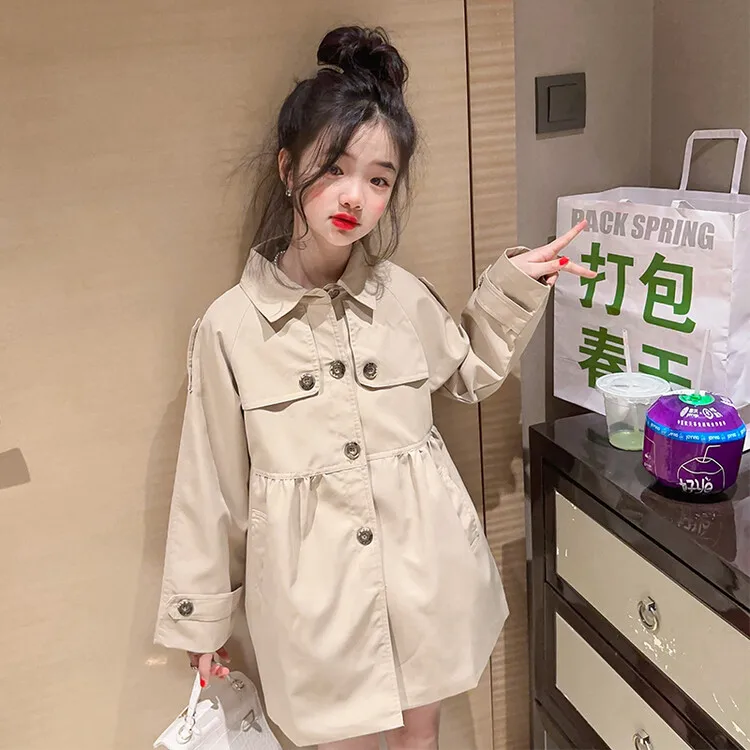 

New Fashion Spring Autumn Children Trench Coat for Girl Long Style Khaki Color Overcoat Teenage Kids Cotton Jacket Outfit 5-14Y
