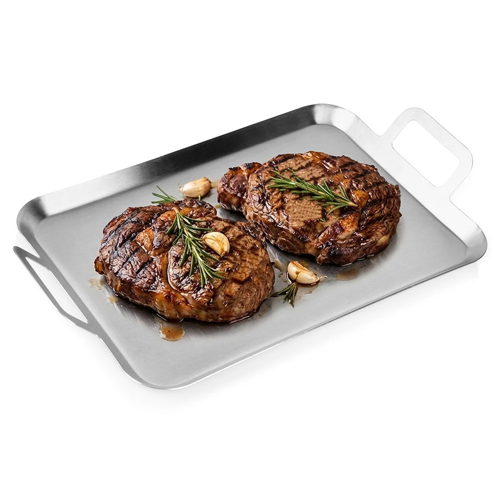 Grillplaat van staal, 43 x 25 cm, geschikt voor vlees, vis, groenten en andere gerechten. Deze stalen grillplaat is ideaal voor gebruik in de tuin, bij barbecues en buitenevenementen. Praktisch en