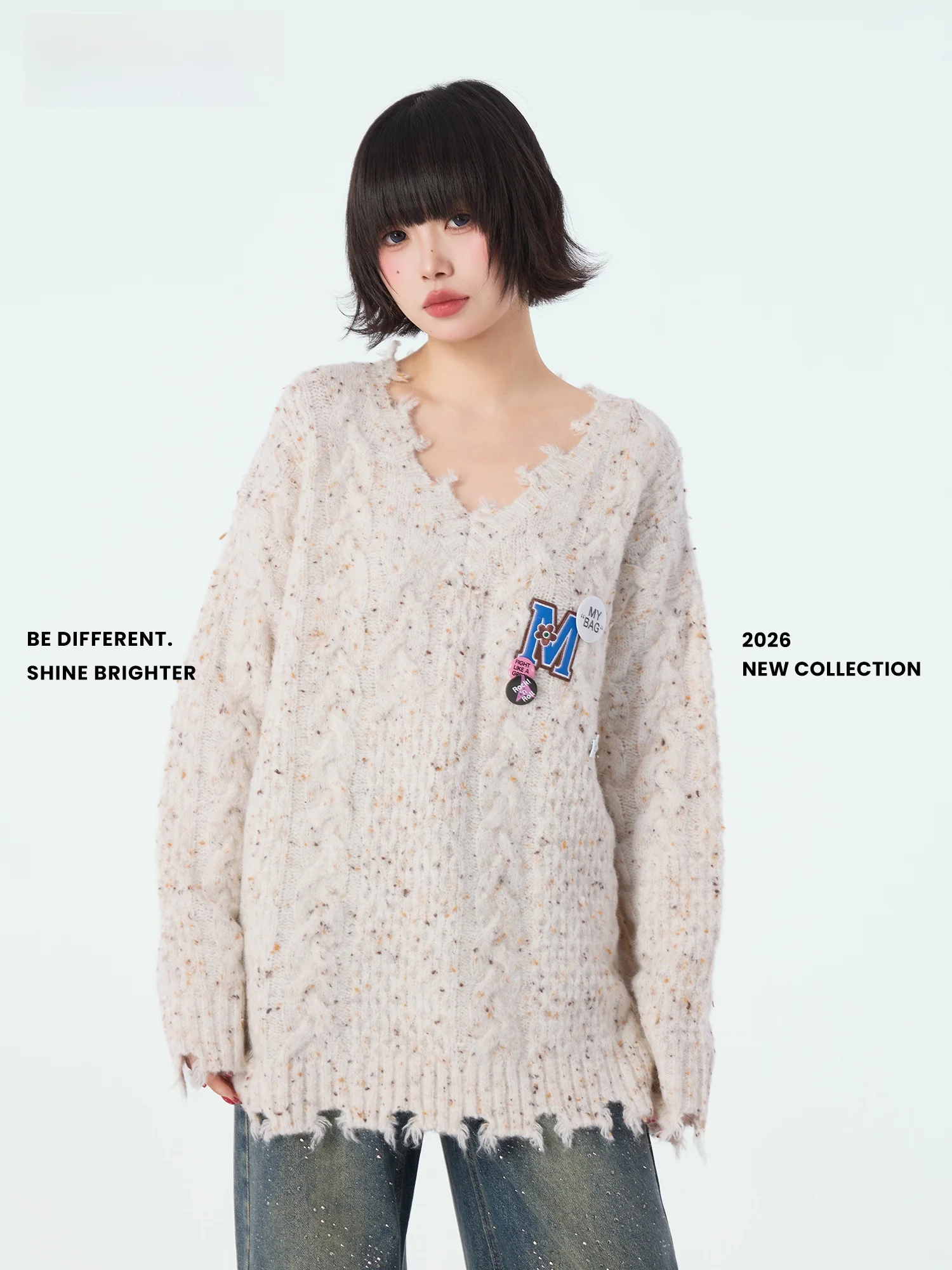 

Новинка Didimax: Винтажный свитер с V-образным вырезом, асимметричный, свободный, средней длины, пушистый, в цветной горошек, женский повседневный трикотаж с длинными рукавами