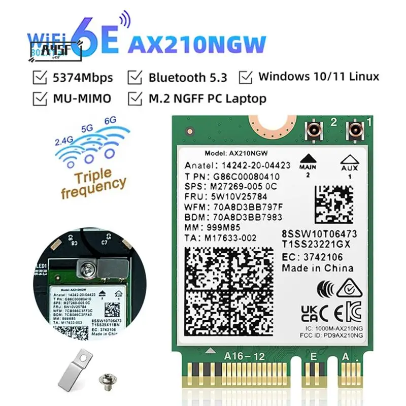 

A45F-Wifi 6E AX210 Bluetooth 5.3 M.2 Wireless Network Card 5374Mbps 2.4Ghz 5Ghz 6Ghz 802.11Ax Wifi Adapter For PC Laptop