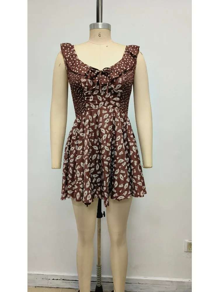 2026 여름 캐주얼 귀여운 플로럴 플로위 드레스 민소매 러플 백리스 도트 커피 생일 파티 비치 휴가 의류