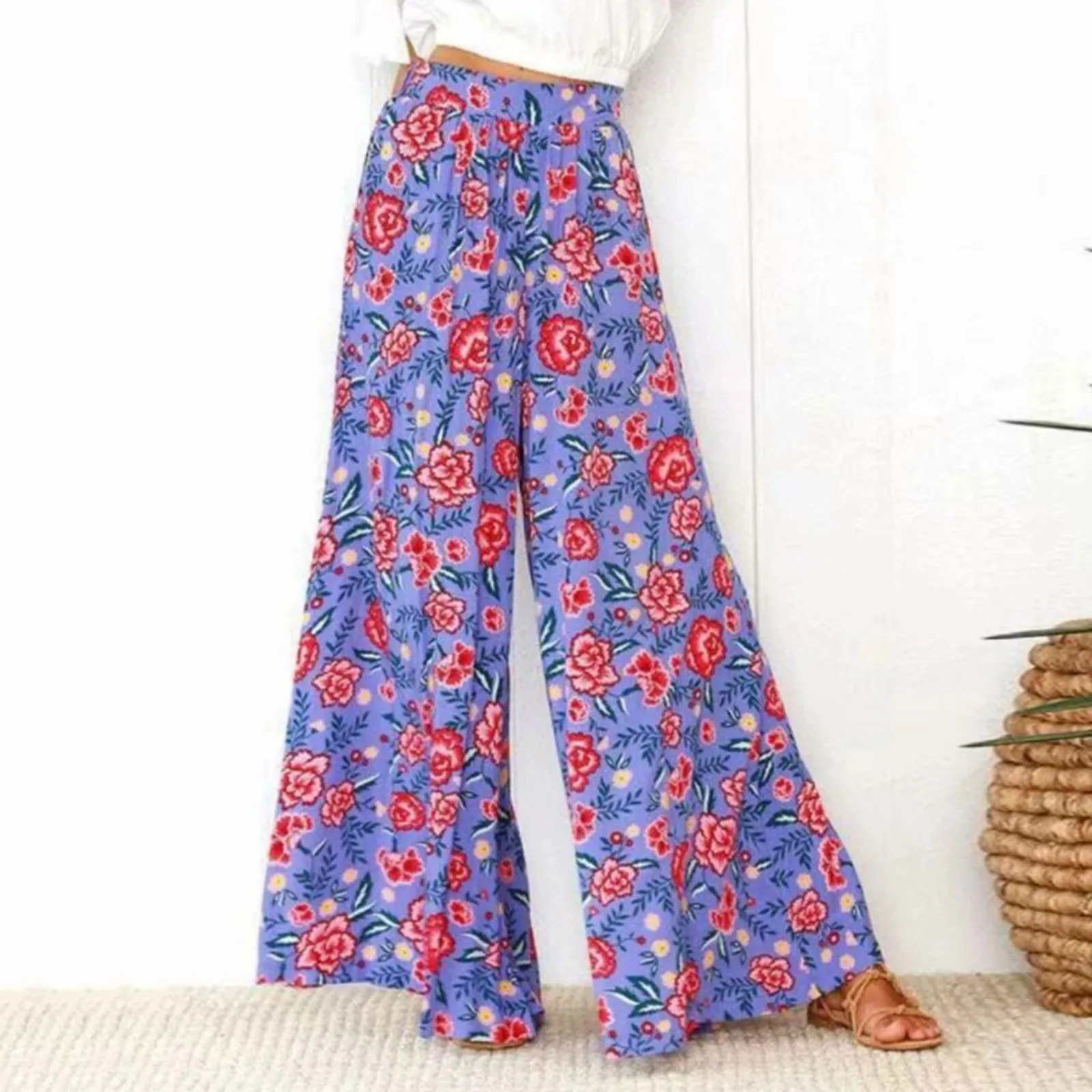 

Summer Bohemian Wide Leg Pants Flower Printed Loose High Waist Long Pants Women Casual Ethnic Style Trousers