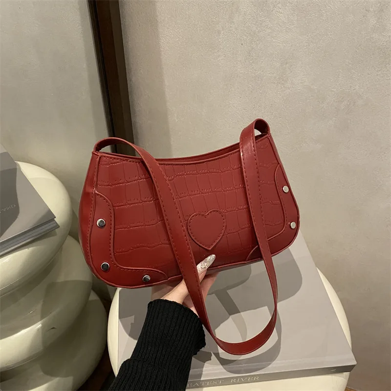 

Heart Design Korean Style Pu Shoulder Bags for Women Versatile Ladies Square Underarm Bag Trendy Solid Color Girls Handbag Purse