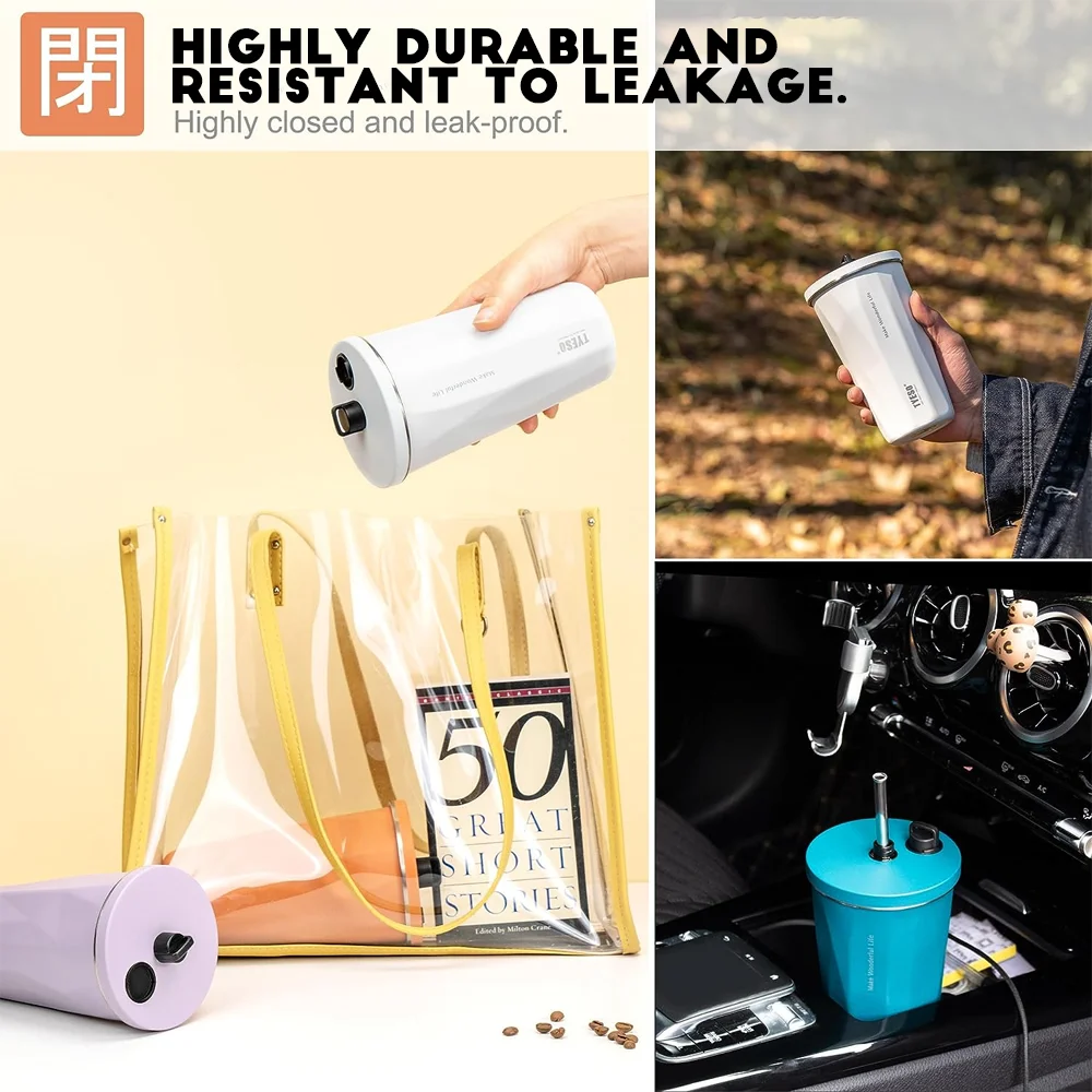TYESO Vacuum Thermos Cup Tumbler Thermal Insulation Insulated Coffee Mug with Lid and Straw Stainless Steel for Hot Cold Drinks