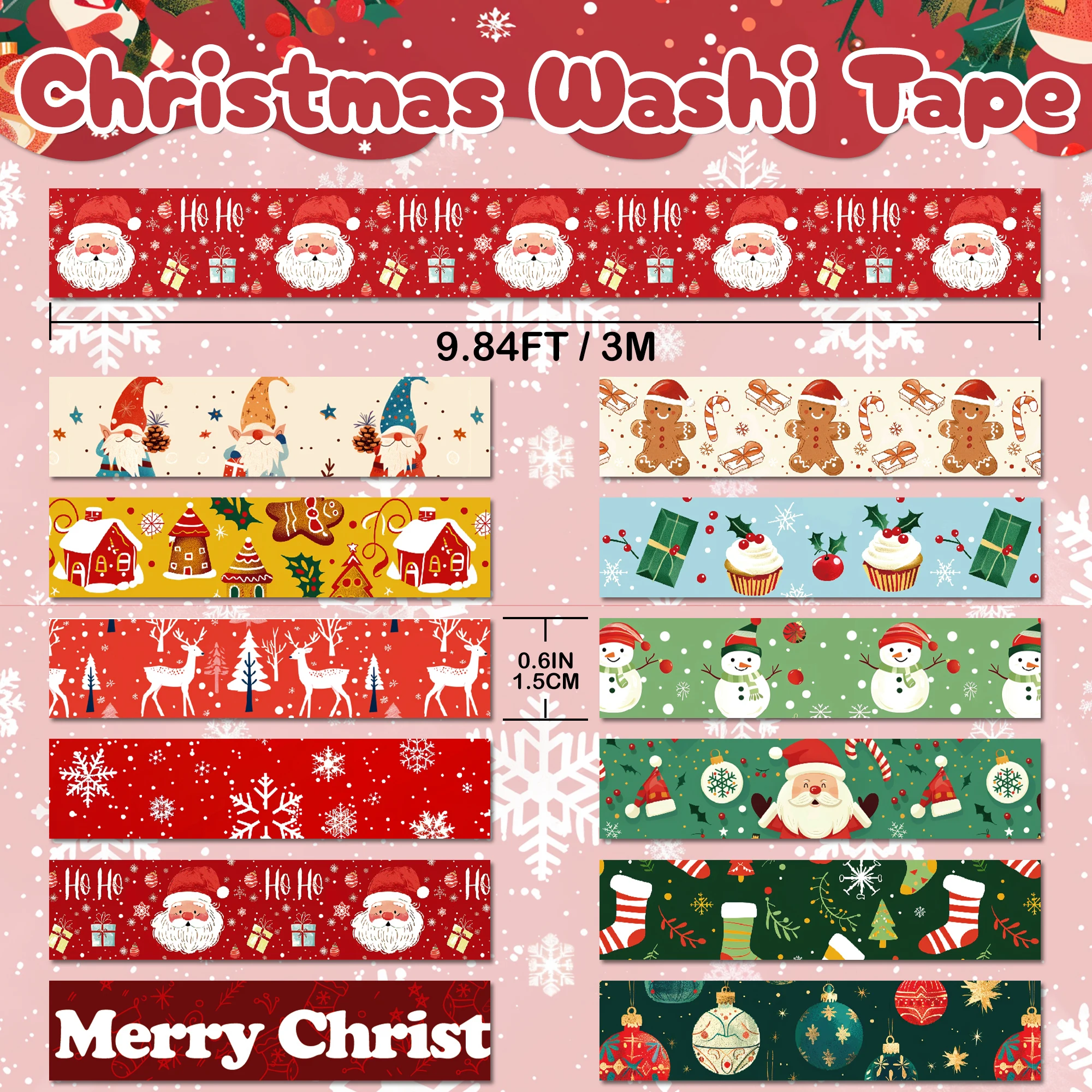 Set of Christmas Washi Tape, NIKOMIE Holiday Crafting Decorative Non-Waterproof Paper Tapes, Santa, Snowman, Gnomes