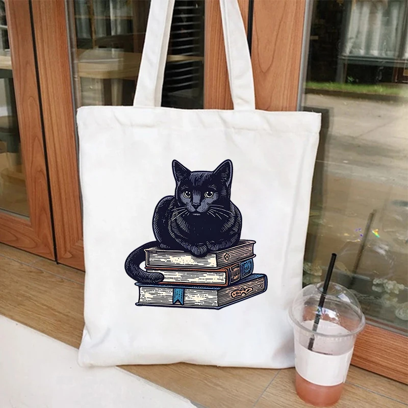 Women Canvas Tote Bag Life Is Better with Cats & Books Reuseable Shopping Totebags Student Literary Book Handbag Shoulder Bags