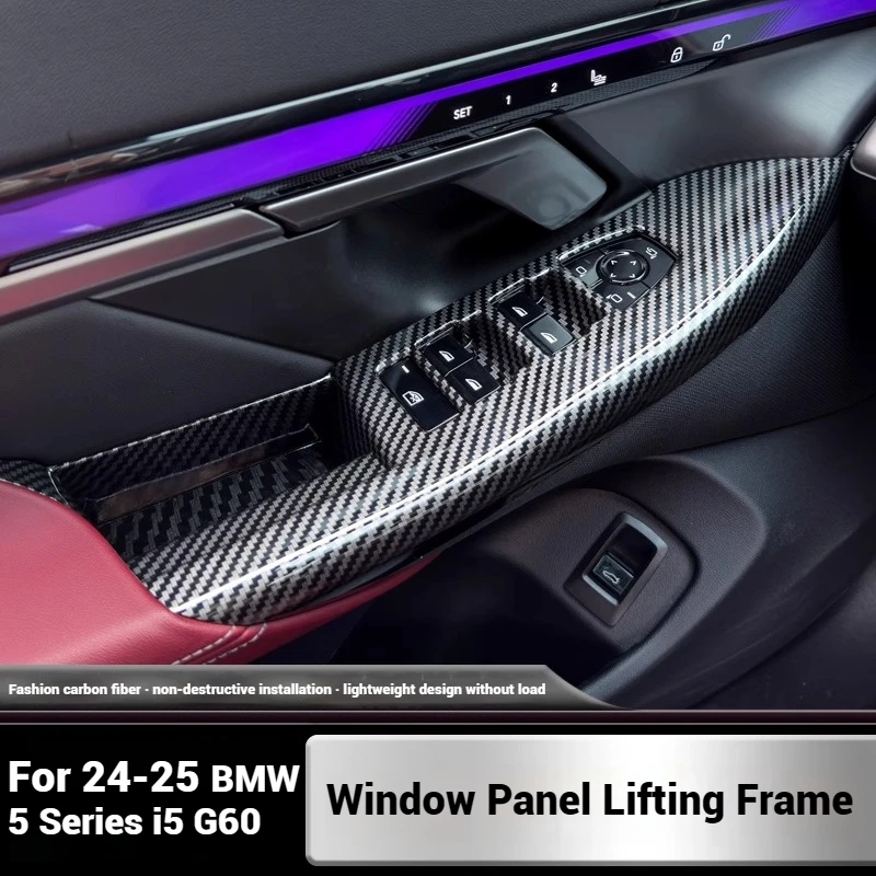 4pcs For BMW5 Series G60 2024-2025ABS Carbon Fiber ABS Carbon Fiber Look Windows Rise Switch Panel Glass Lift Control Cover Trim