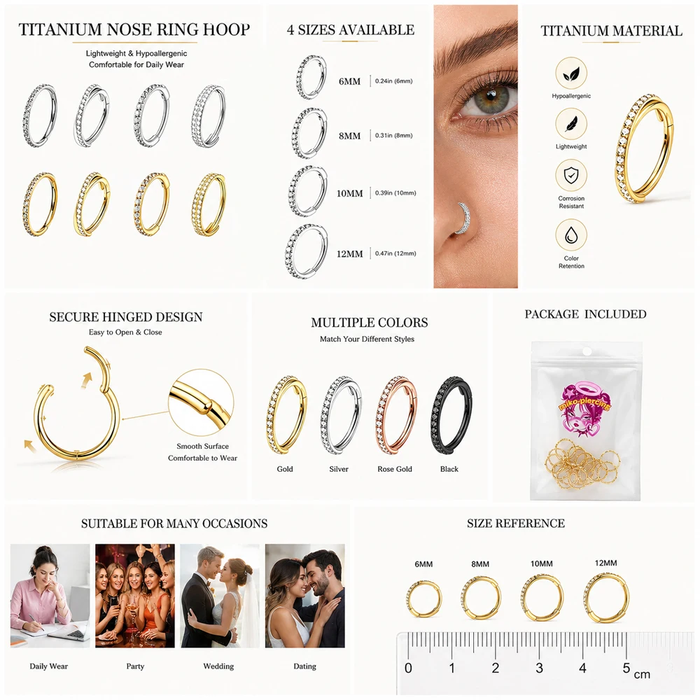 ASTM F136 Titan Piercing CZ Nasenringe Scharniersegment Septum Clicker Daith Ohrringe Hoop Knorpel Tragus Piercing Schmuck – Detail 2