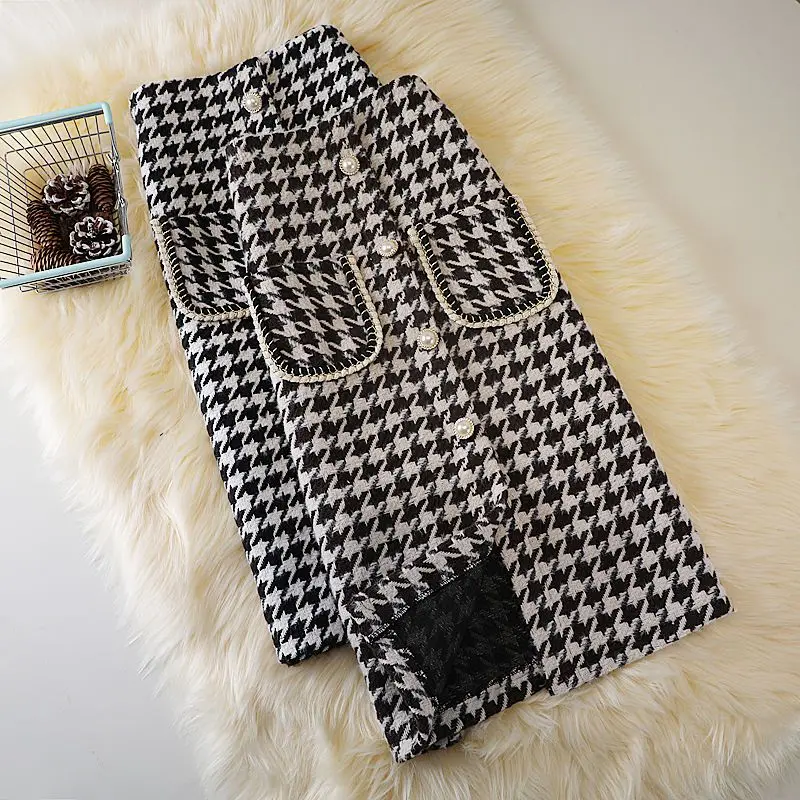 

Autumn Winter Wool Blend Plaid Midi Pencil Skirts Vintage Houndstooth Pearls Buttons Pockets Split Slim Skirts