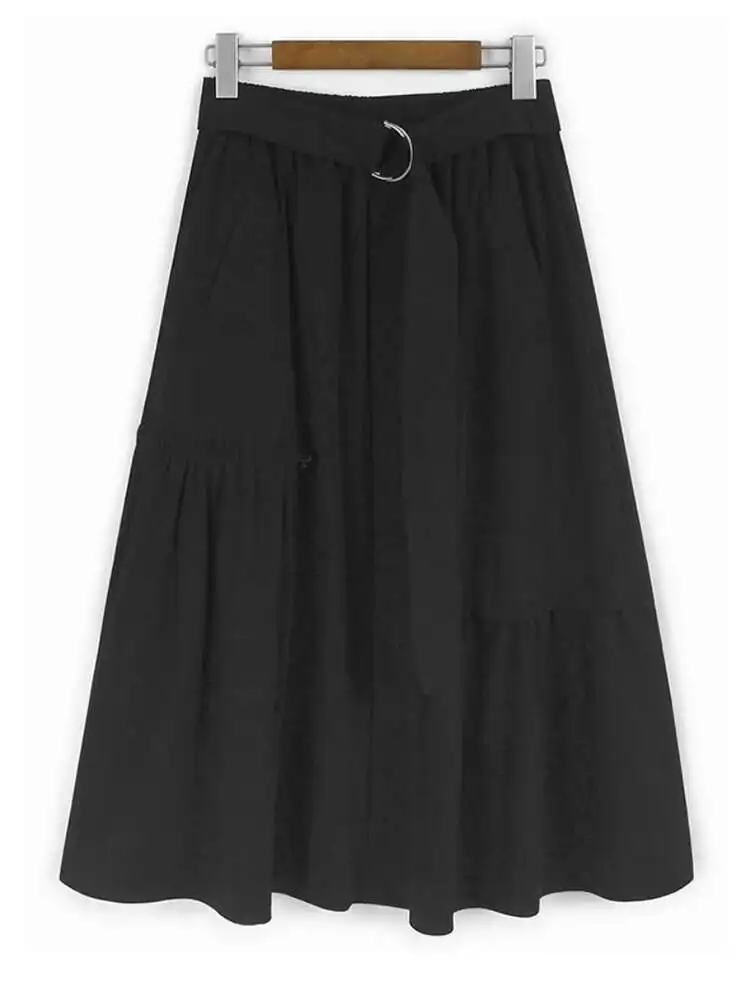 مرونة عالية الخصر الكاكي مطوي مربوط الرباط ألف خط نصف الجسم تنورة المرأة موضة جديدة ربيع الخريف