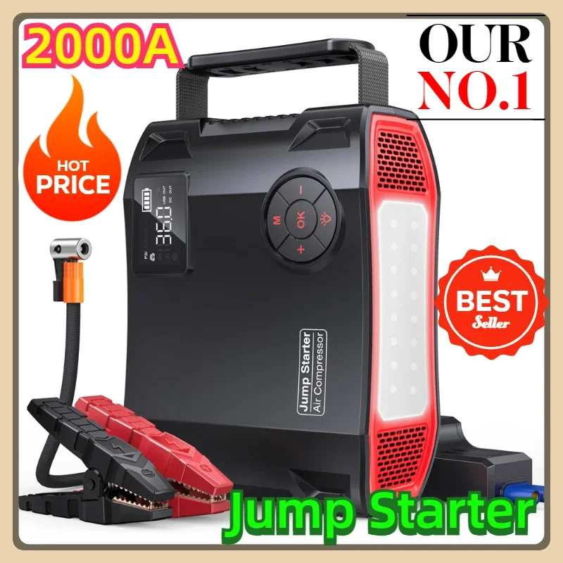 

2000A Jump Starter Power Bank Wireless Tire Inflator LED Air Compressor 150PSI Air Pump Bicycle Car