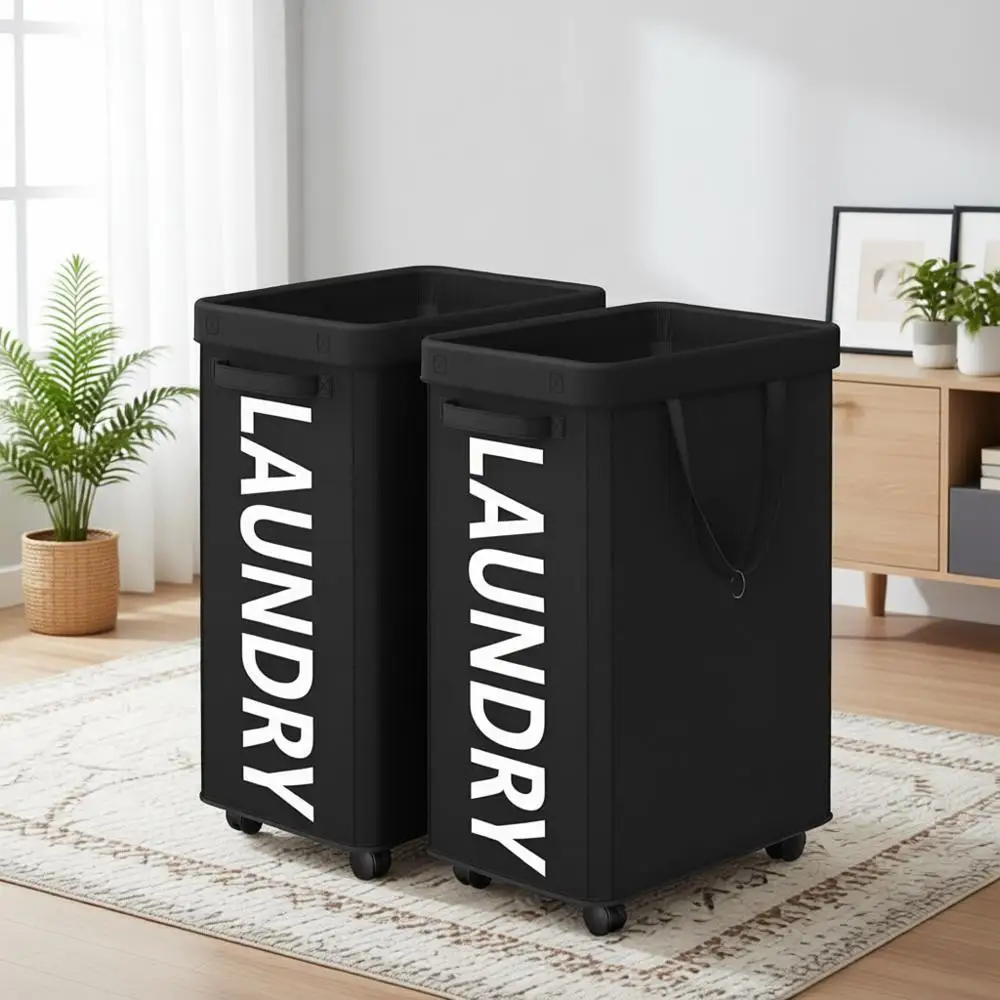 

Корзина для белья на колесиках с двумя отделениями, 90 л, со съемным сетчатым мешком, идеально подходит для спальни или общежития, черная