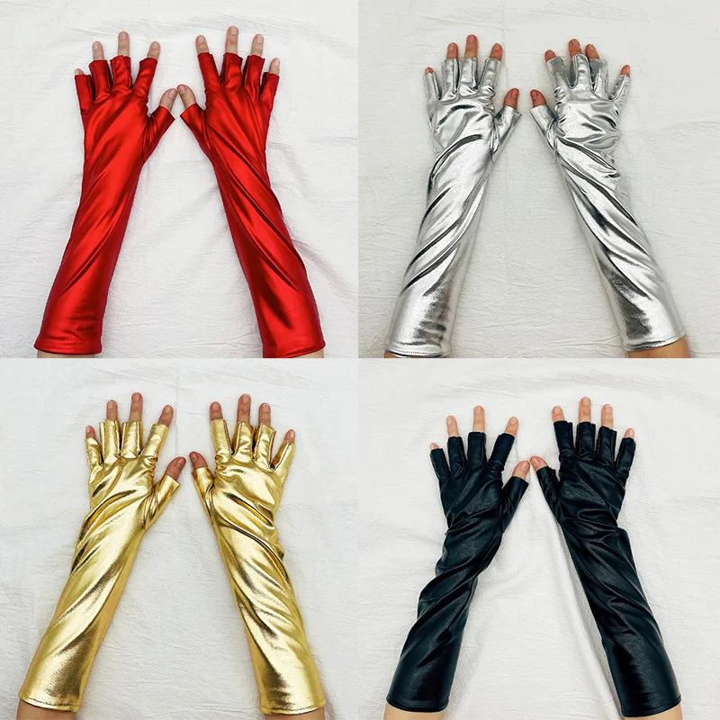 Leather Half Finger Gloves Long Performance Formal Party Cosplay Shiny Bright Gloves Women Halloween Punk Fingerless Mitten