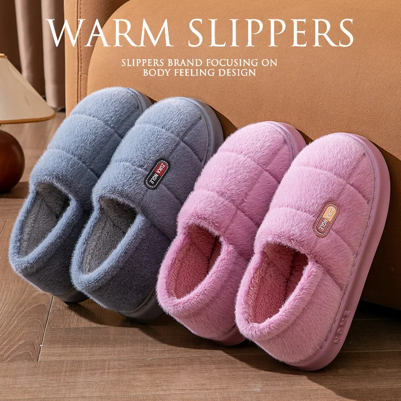 Winter Warm Slippers Women Men Grid Plush Fleece Lined House Shoes Soft Thick Platform Non-Slip Indoor Bedroom Floor Mule Sandal
