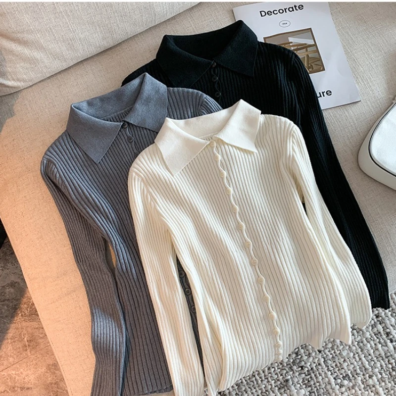 

Fall Winter Turn Down Collar Cardigan Fashion Long-sleeved Knitted Sweater Female Casual All Match Slim Fit Sweater Tops 2025