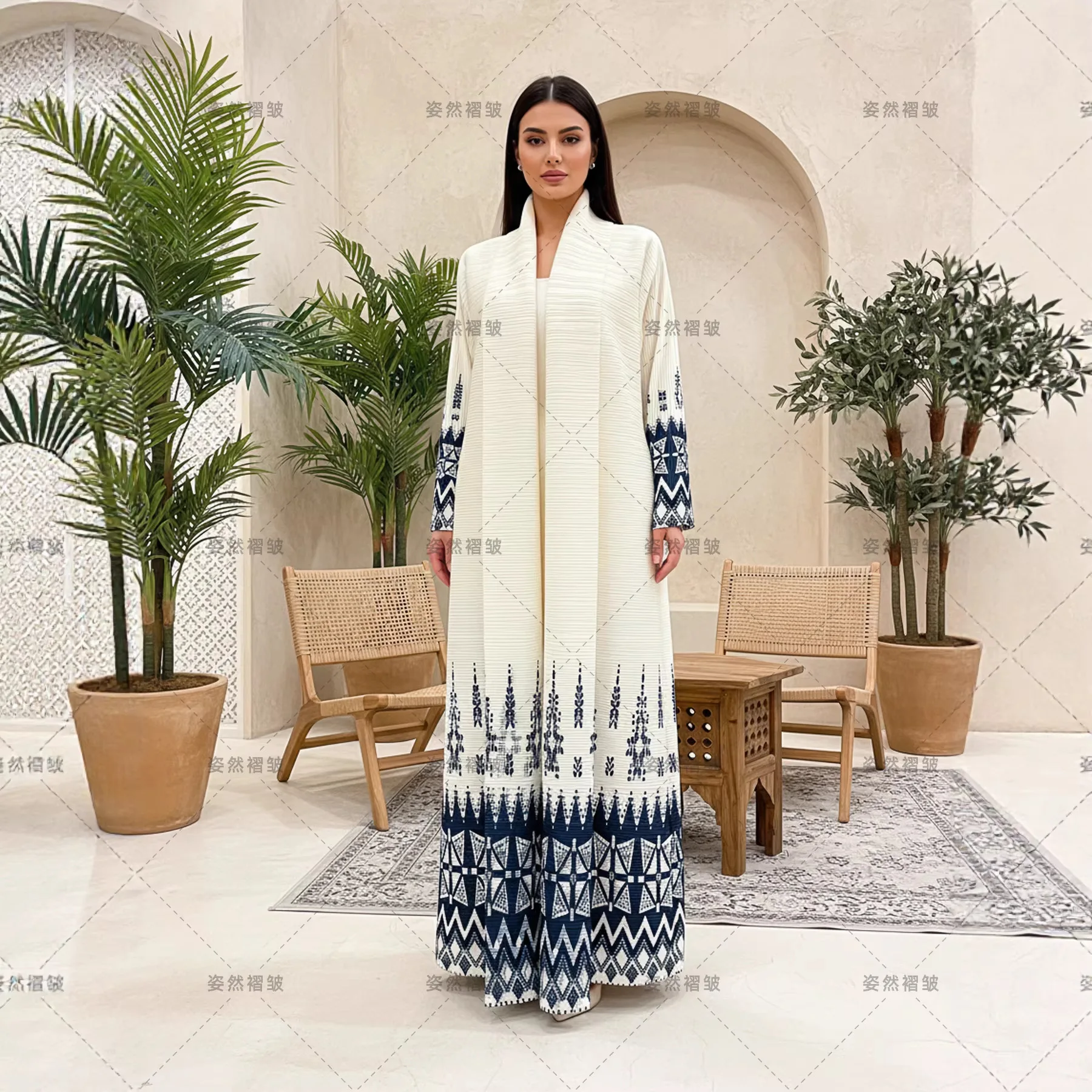 Miyake Pieghe 2026 Nuovo Medio Oriente Plus Size delle Donne Stampato Geometrico Pieghettato Abito Musulmano Cardigan Giacca A Maniche Lunghe Pieghettato