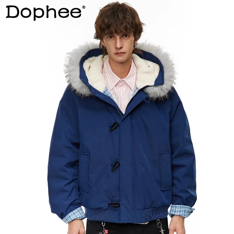 

2025 Men Women Winter New Faux Fur Collar Hooded Parkas Couple Warm Fashion Versatile Parkas Long Sleeve Button Decoration Coats