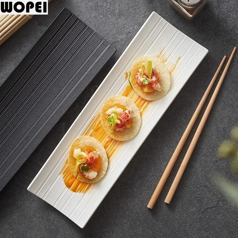 Striped Curved Ceramic Long Strip Plate Sushi Plate Sashimi Plate Dessert Snack Dish Molecular Cuisine Restaurant Tableware