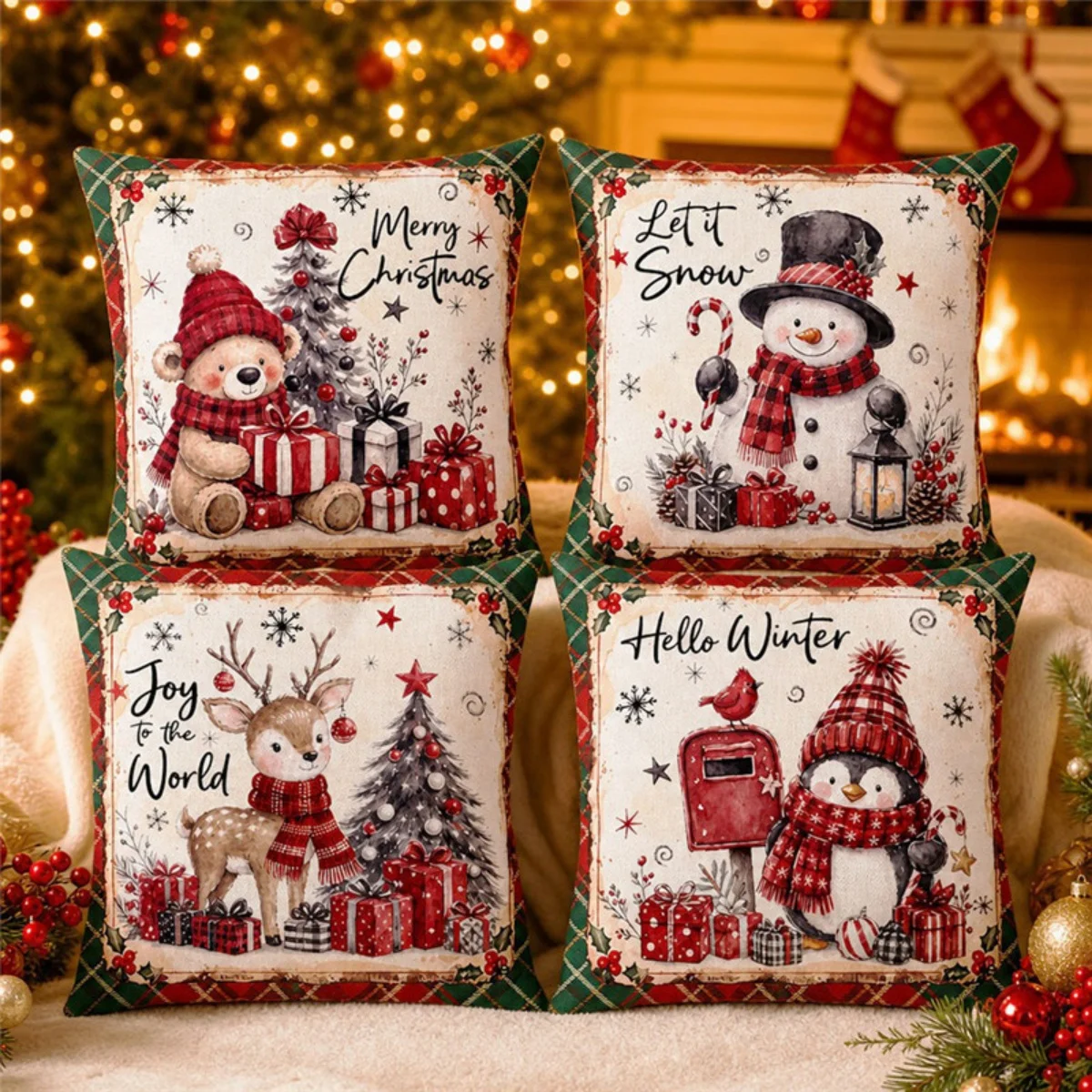 Cute Bear Snowman Reindeer Penguin Christmas Print Pillow Covers Set of 4, Winter Holiday Cushion Cases for Sofa Home Decor